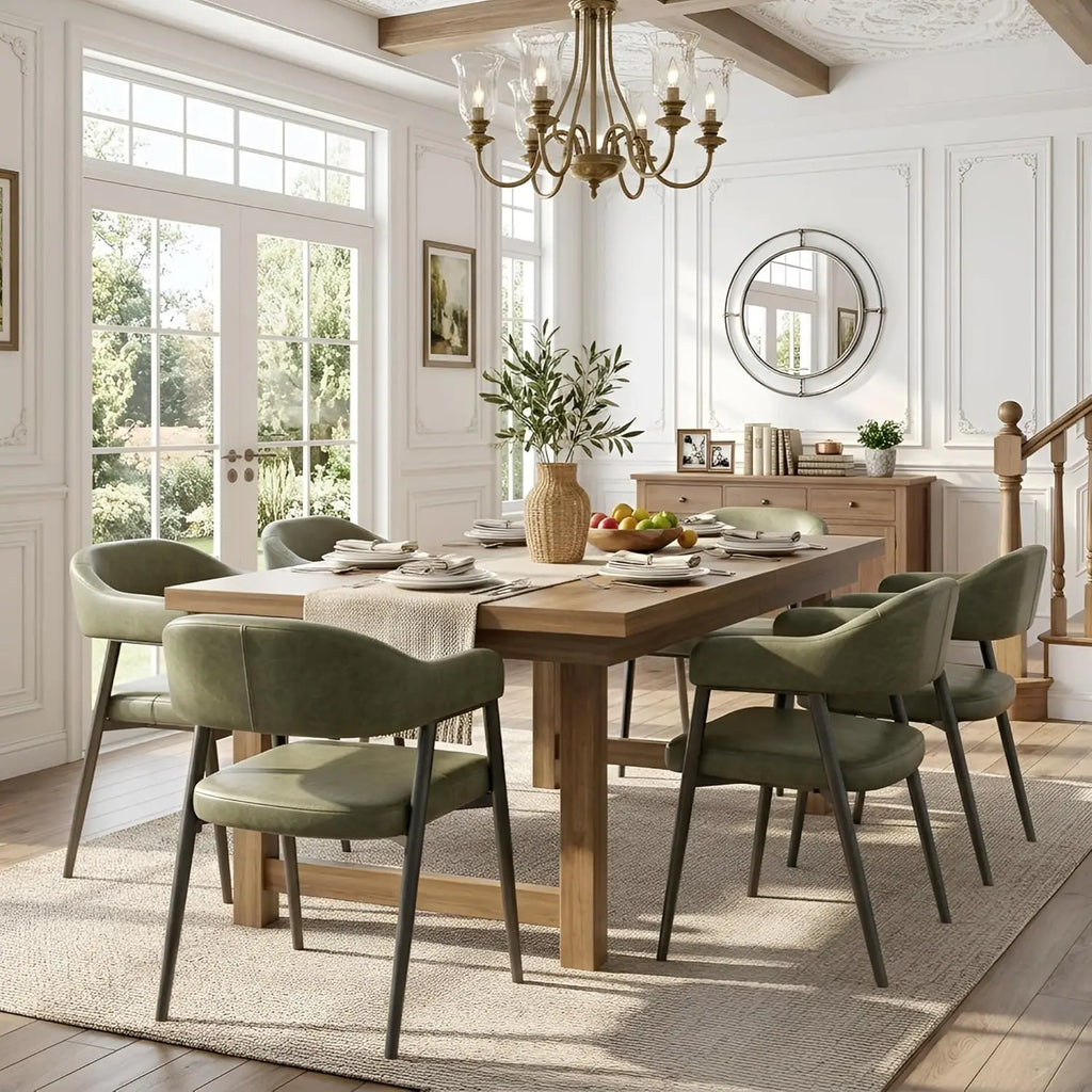 Indra set of six leather dining chairs arranged around a dining table